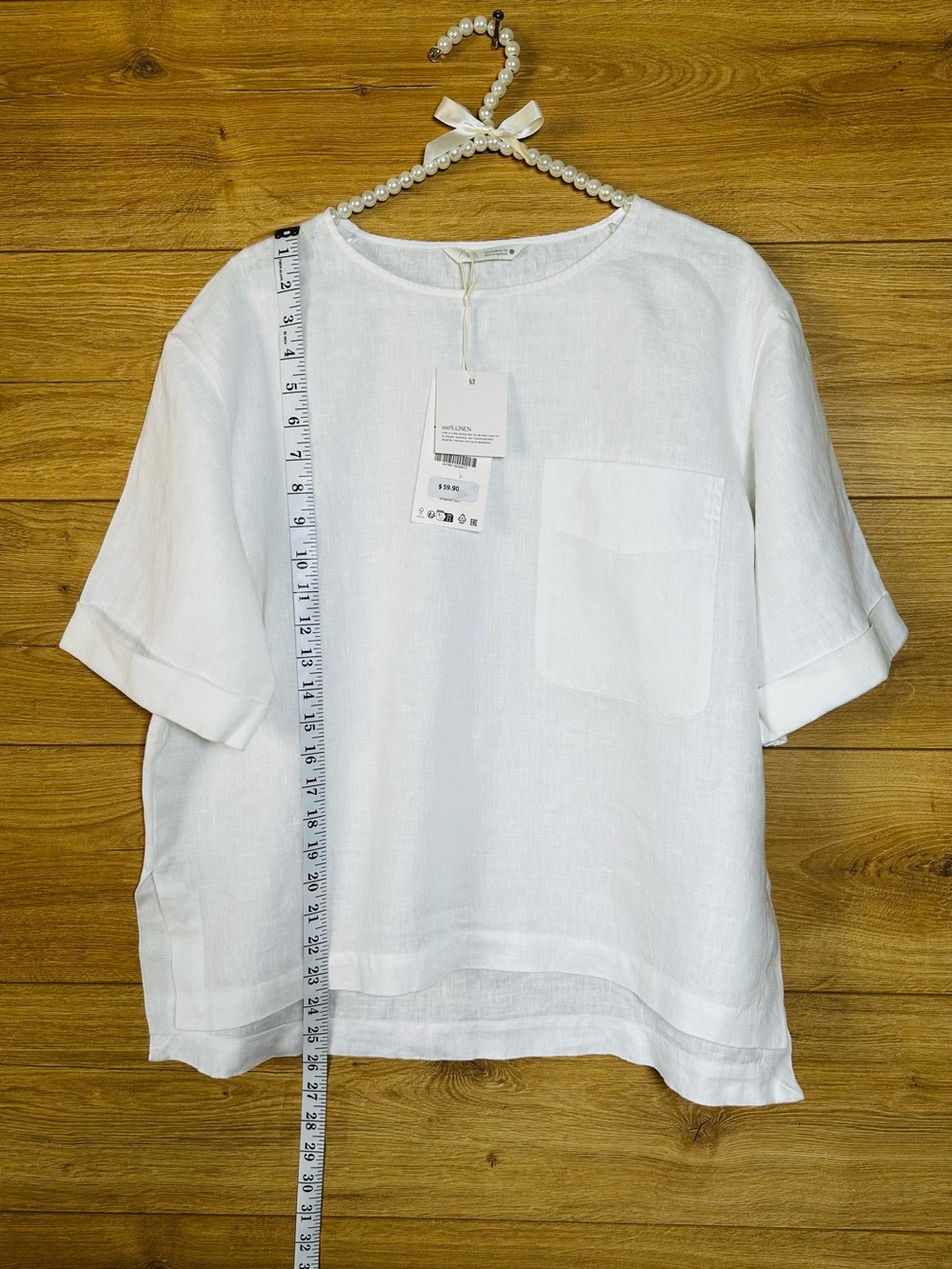 Zara White 100% Linen Short-Sleeve Pocket Tee - Picture 7 of 9